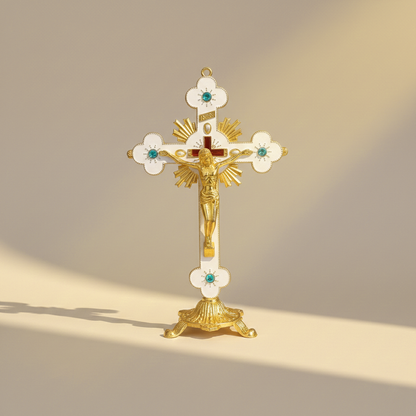 Crucifijo Cruz Dorado con Blanco 18 cms Altar o Colgante