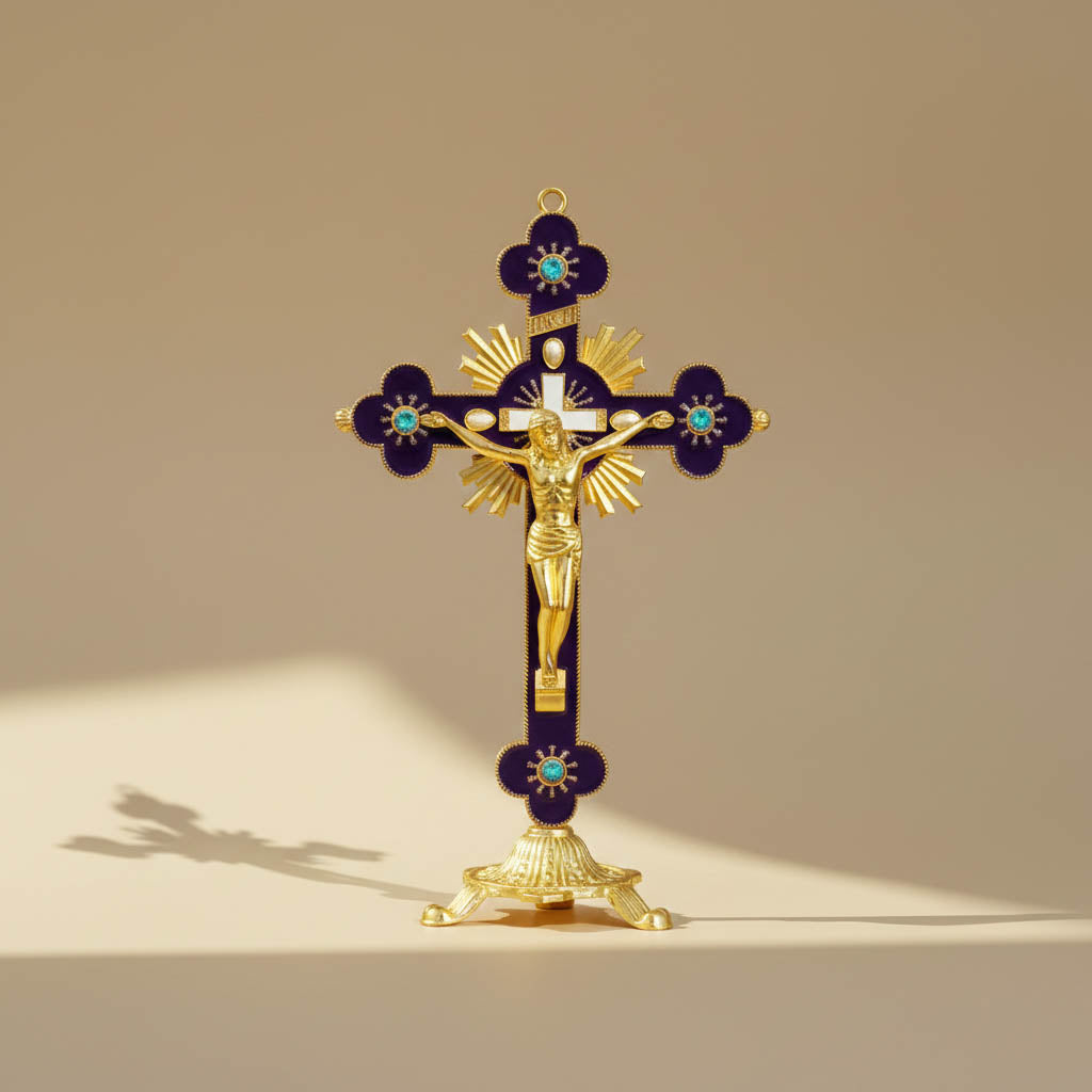 Crucifijo Cruz Dorado con Azul 18 cms Altar o Colgante