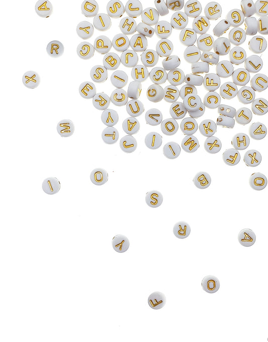 Cuentas de Letras Redondas Blanco Dorado 7mm - Bisuteria